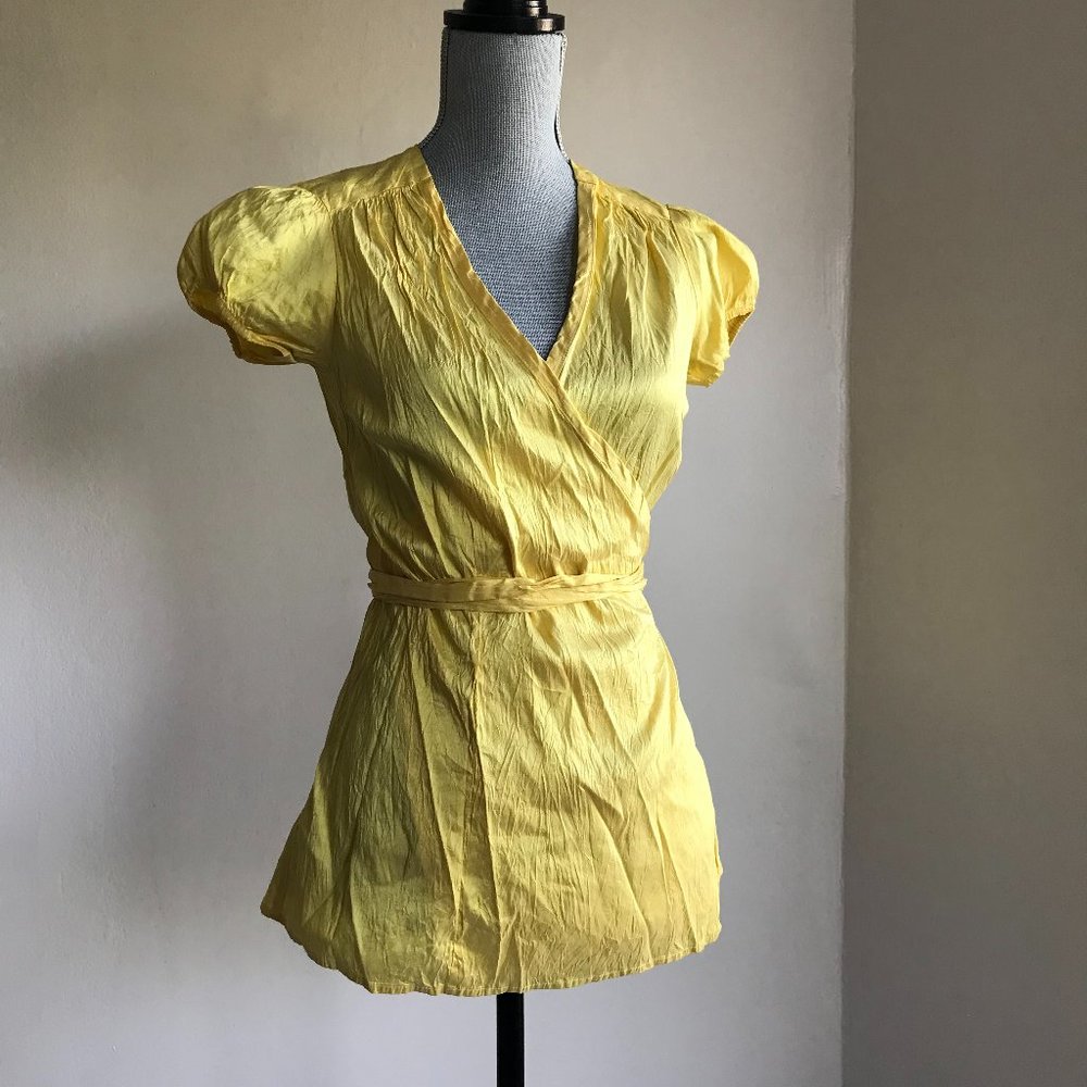 Calypso Christiane Celle 100% Silk Puff Sleeve Wrap Blouse XS Yellow Resort Boho